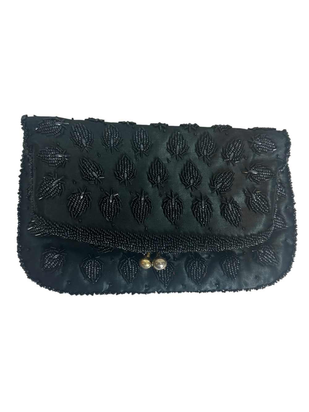 VINTAGE Black Satin Beaded Fold Over Clutch Bag with Brass Kiss Lock Closure